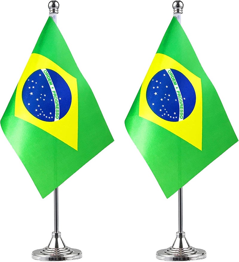 WXTWK 2 Pack Brazil Flag Brazilian Desk Flag Small Mini Brazilian Table Flags With Stand Base,Home Office Festival Events Celebration Decorations - Image 1